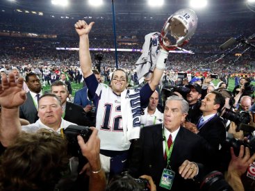 Feb 1, 2015; Glendale, AZ, USA; New England Patriots quarterback Tom Brady (12) celebrates after beating the Seattle Seahawks in Super Bowl XLIX at University of Phoenix Stadium. Mandatory Credit: Matthew Emmons-USA TODAY Sports ORG XMIT: USATSI-185920 ORIG FILE ID: 20150201_pjc_se2_311.JPG